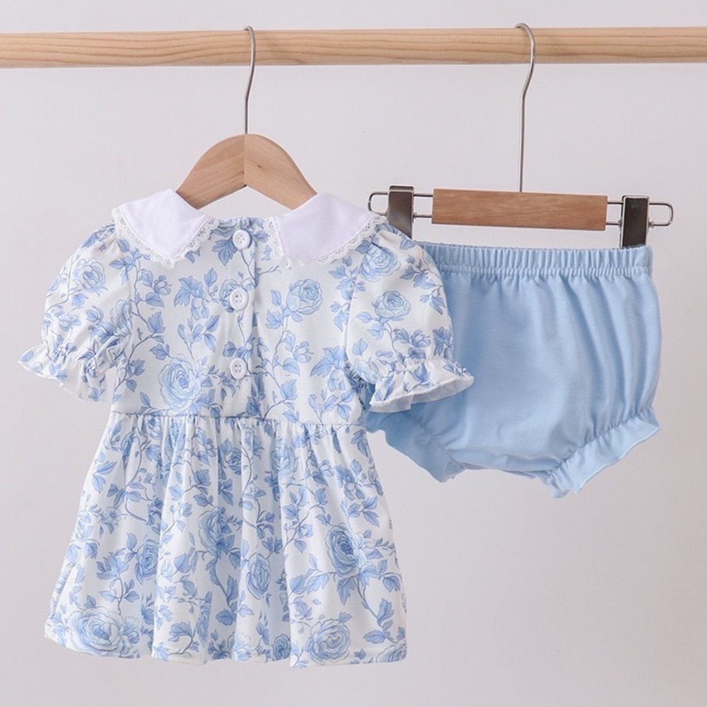 Abby & Evie Baby Girl Smocked Floral Dress and Bloomers Set Blue White 18M NWT - Picture 2 of 6